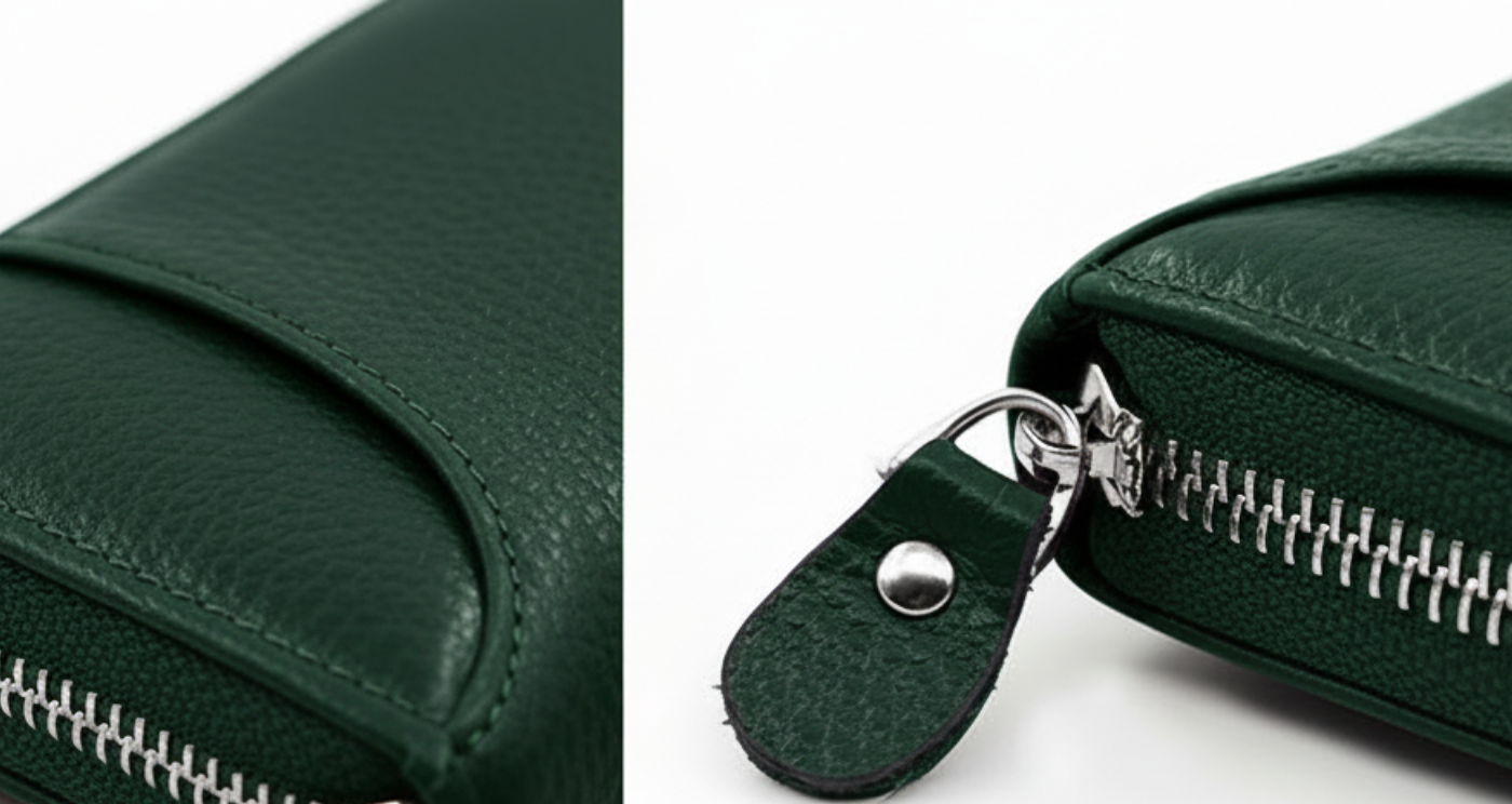 Close-up of a dark green pebbled leather zip-around wallet, showing the textured leather surface and a silver-tone zipper pull tab on a white background.
