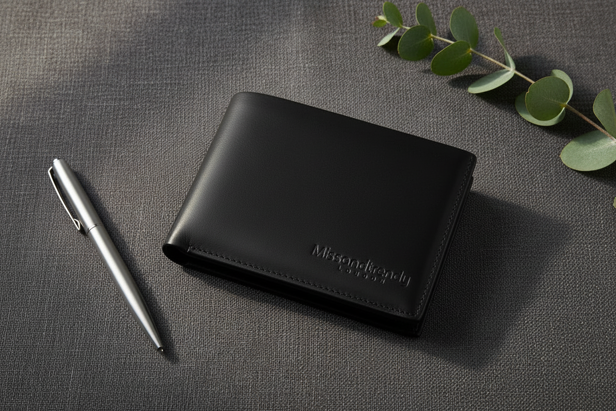 Genuine Leather Bifold Wallet for Men Perfect Gift black folded on the table branded.
