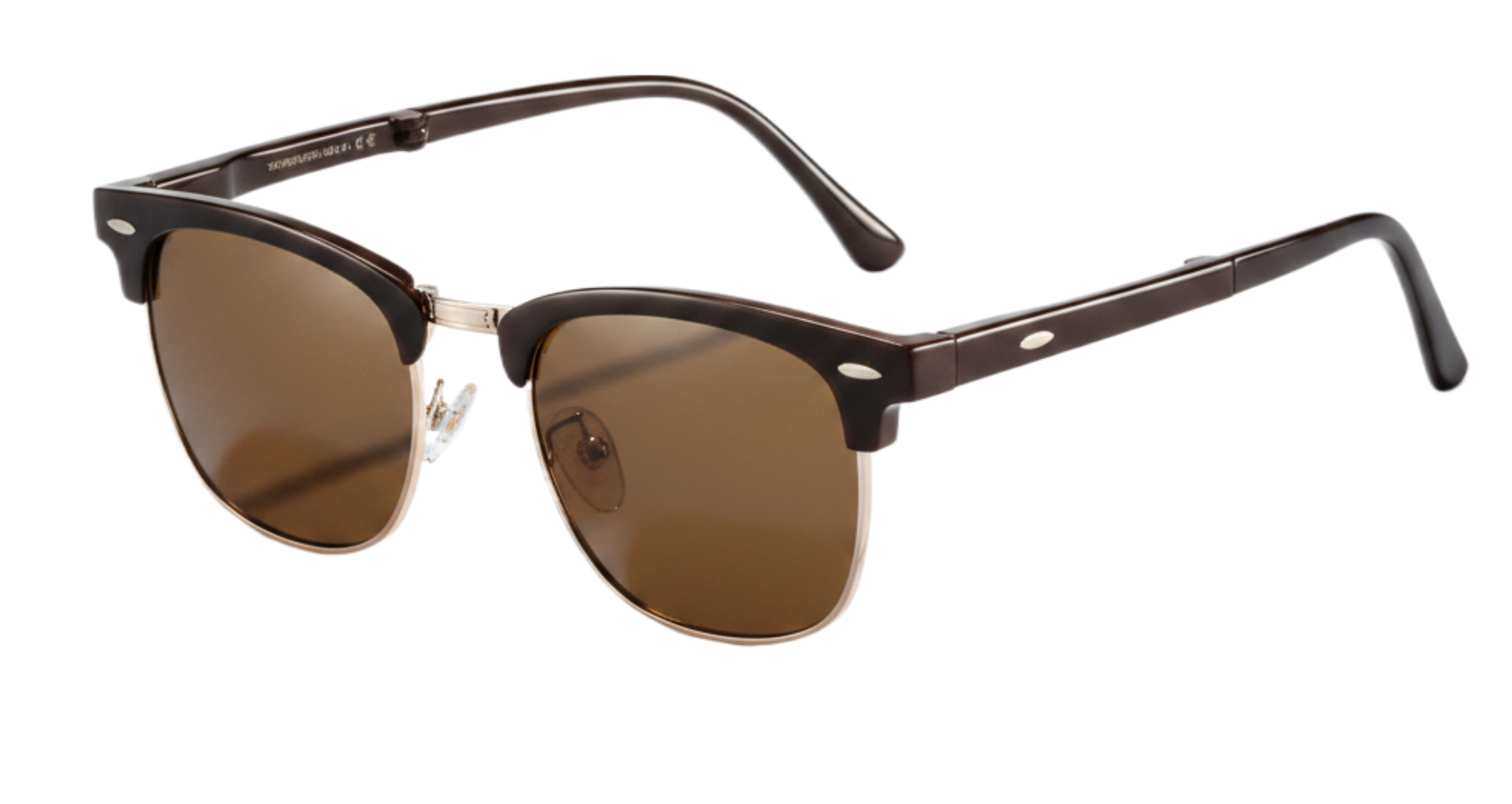 Missandtrendy Cardiff Clubmaster sunglasses with metal gold frame and brown lens front 45º side view