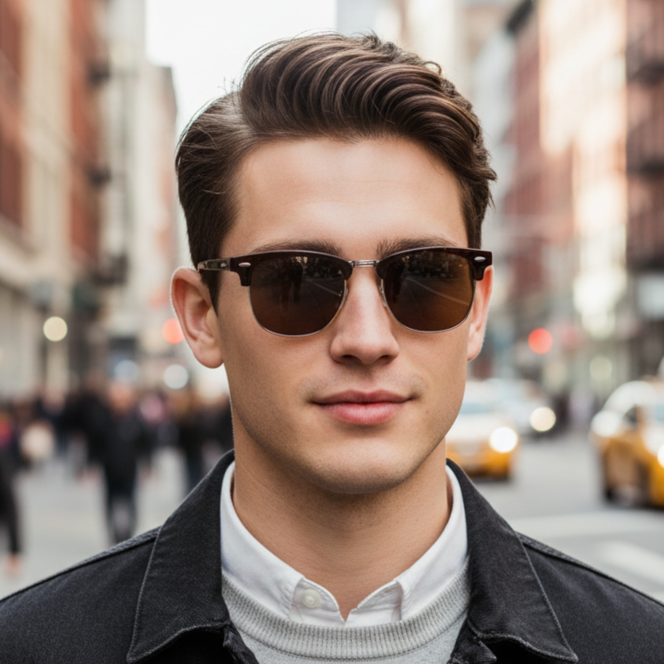 A man wearing dark brown aviator-style sunglasses with a thin gold-toned metal frame, photographed outdoors on a blurred city street background my Missandtrendy