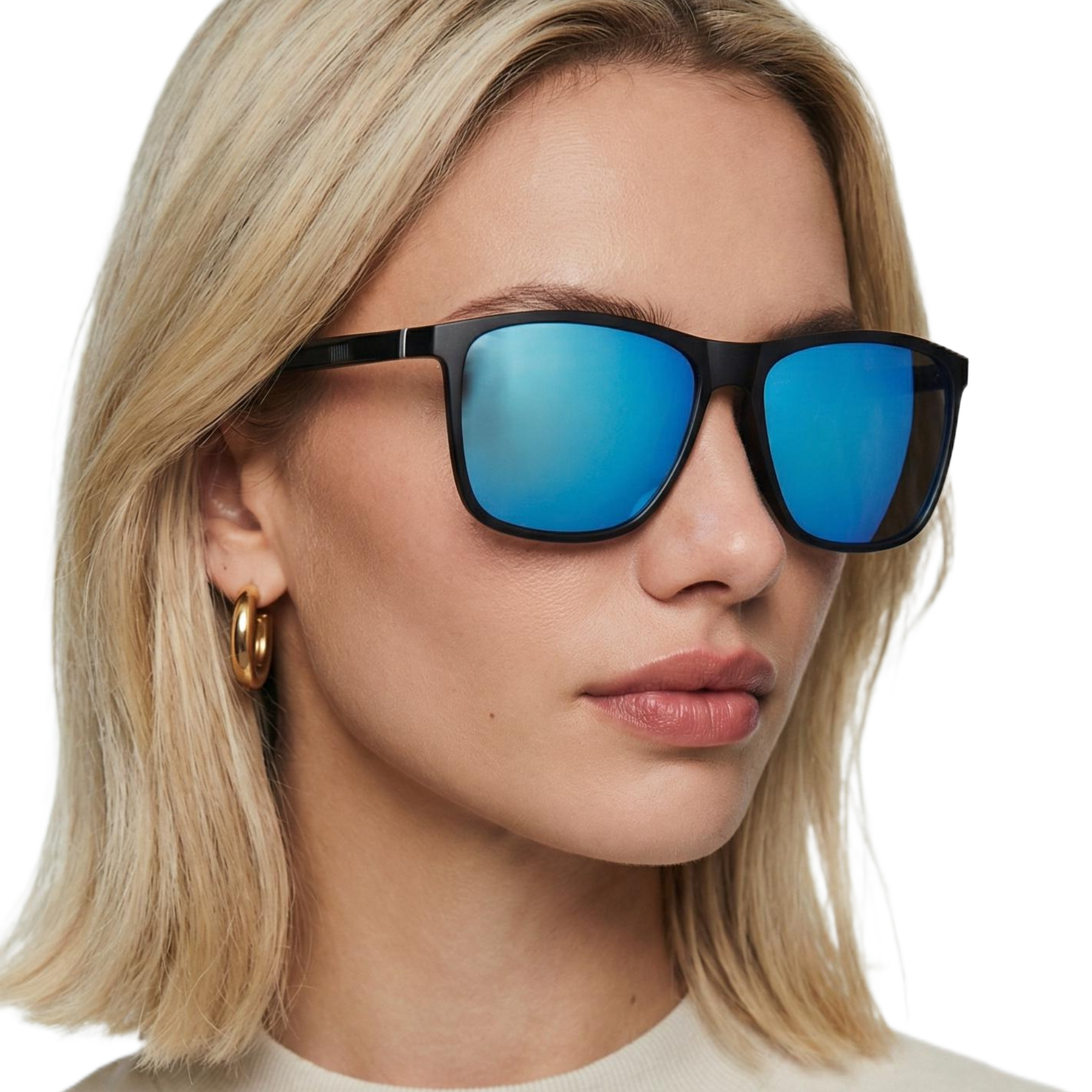 Woman_wearing_touring_black_frame_and_mirror_blue_lens_square_sunglasses_by_Missandtrendy_45_side_view_1