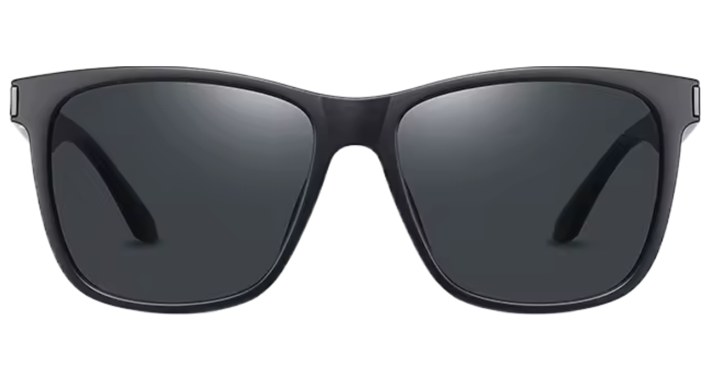 Matte black UV 400 polarised sunglasses with a thick rectangular frame and dark gray lenses, shown against a plain white background by Missantrendy