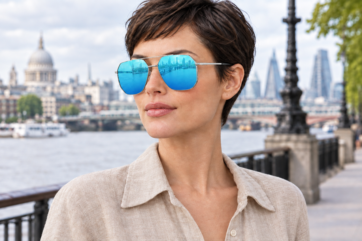 A woman with short dark hair wearing aviator uv polarised sunglasses with bright blue mirrored lenses and thin silver metal frames, standing outdoors by the river with a city skyline in the background.