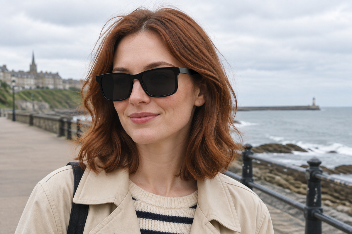 Female model wearing black Newcastle rectangular UV Polarised sunglasses by Missandtrendy