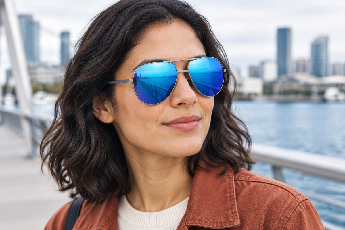 Female model wearing blue-mirrored gunmetal aviators in a city waterfront setting