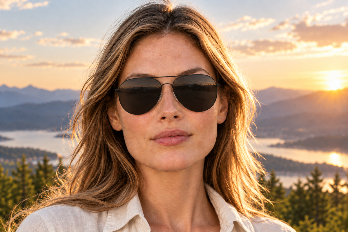 Woman outdoors wearing Brighton Black aviator sunglasses with black metal frames and dark lenses