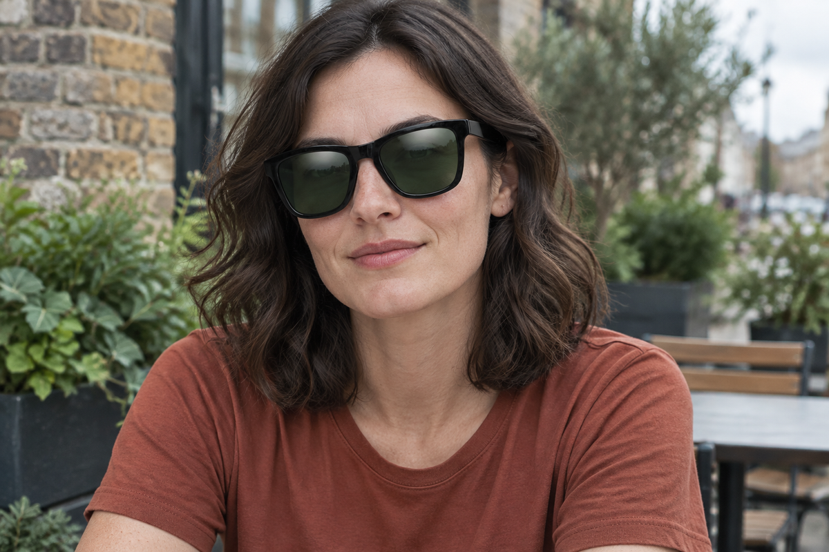 Woman at an outdoor café wearing Camden wayfarer sunglasses with black frames and green lenses