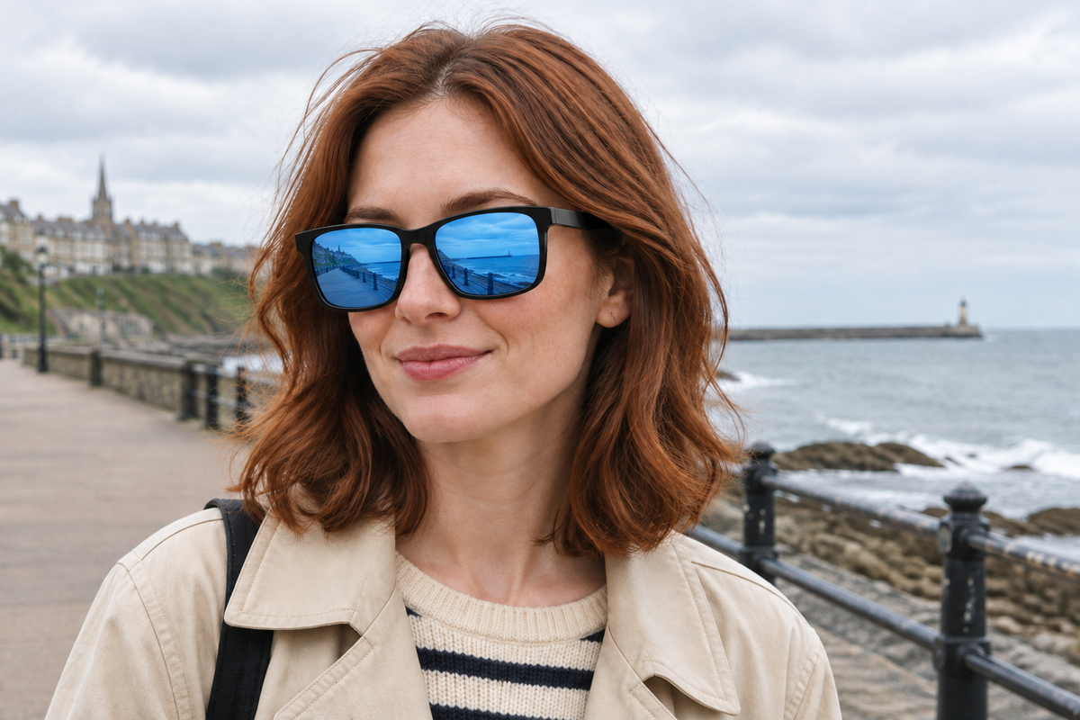 Female model wearing Missandtrendy Newcastle black UV polarised sunglasses with blue mirrored lenses outdoors