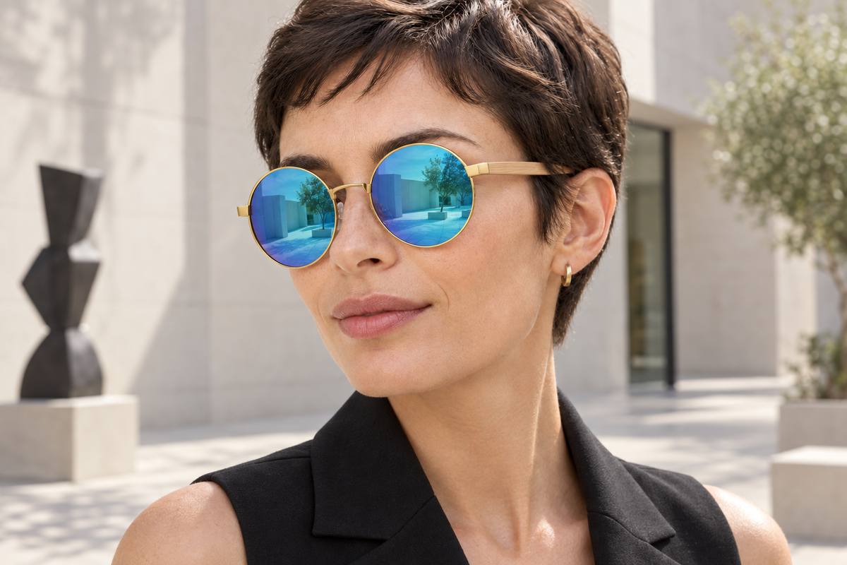 Female model wearing round blue-mirror uv polarised sunglasses in a courtyard