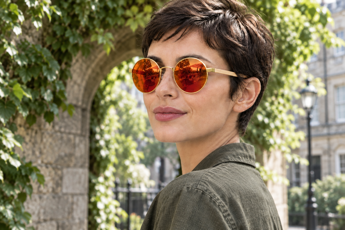 Female model wearing round red-mirror uv polarised sunglasses near a stone archway