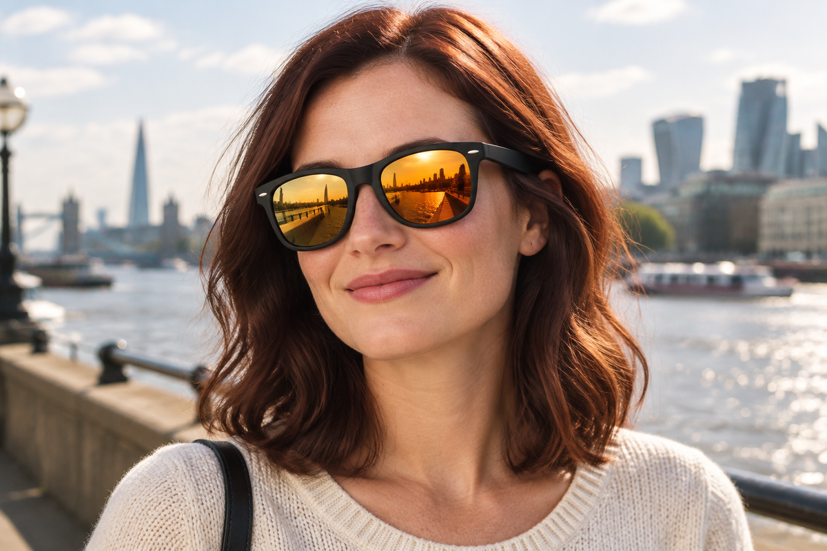 A woman with shoulder-length auburn hair wearing black uv polarised sunglasses with reflective gold lenses, standing outdoors near a river with a city skyline in the background.