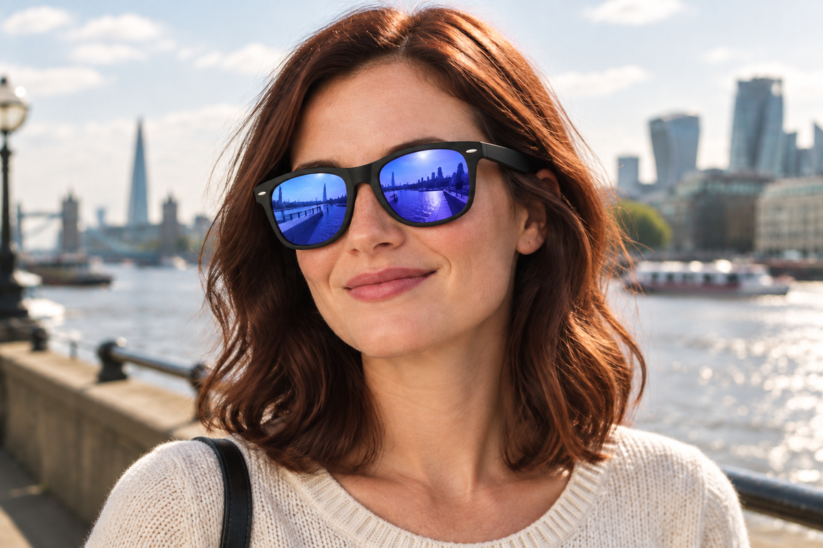 A woman with wavy brown hair wearing black uv polarised sunglasses with blue mirrored lenses, photographed outdoors by the water with a city skyline in the background.