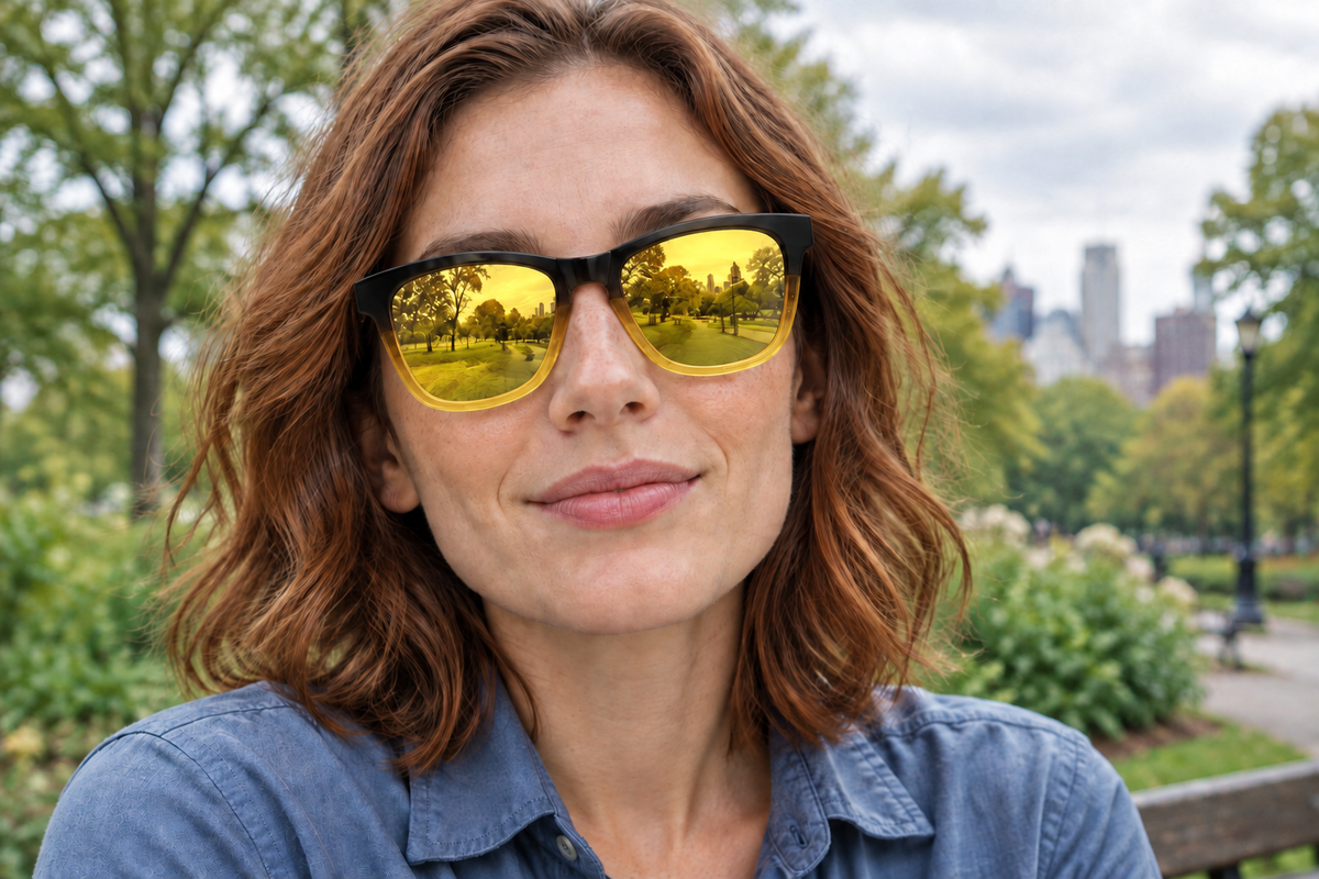 Woman outdoors wearing Camden wayfarer sunglasses with yellow mirrored lenses and a black-to-amber frame.