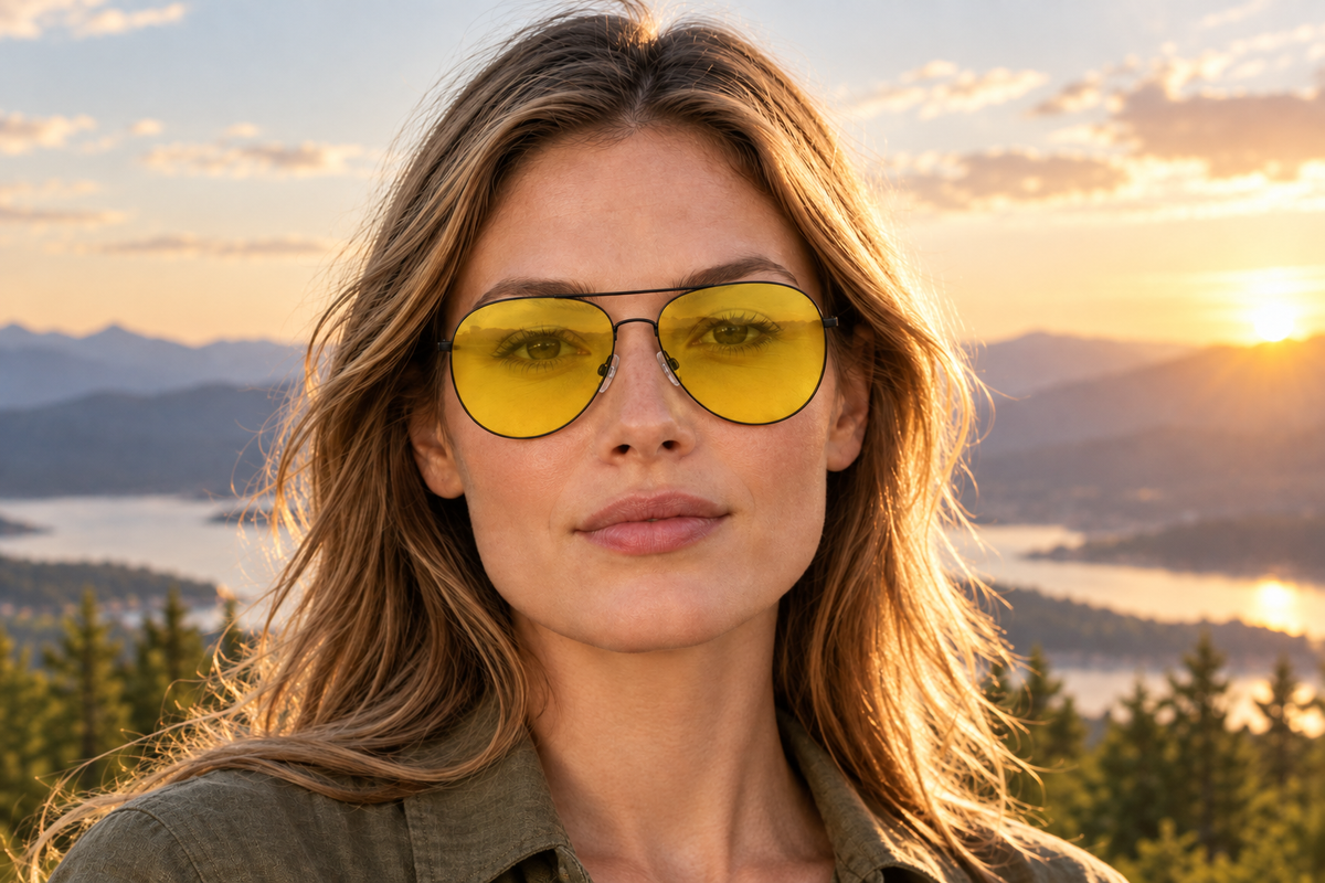 Woman wearing Brighton Night Driving Unisex Metal UV 400 Polarised Aviator sunglasses outdoors.