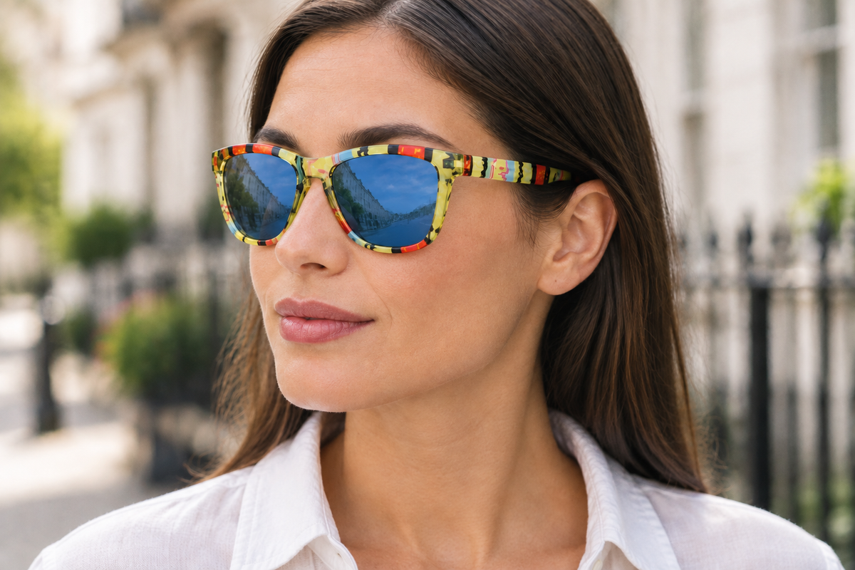 A woman wearing colorful patterned uv polarised sunglasses with blue lenses, photographed outdoors against a softly blurred city street background.