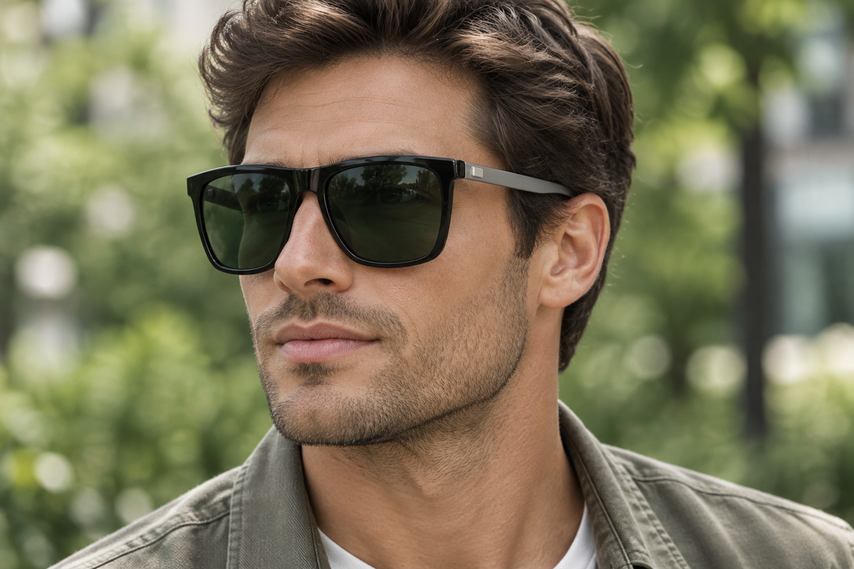 Fresh male lifestyle portrait with square sunglasses and uniform grey temples