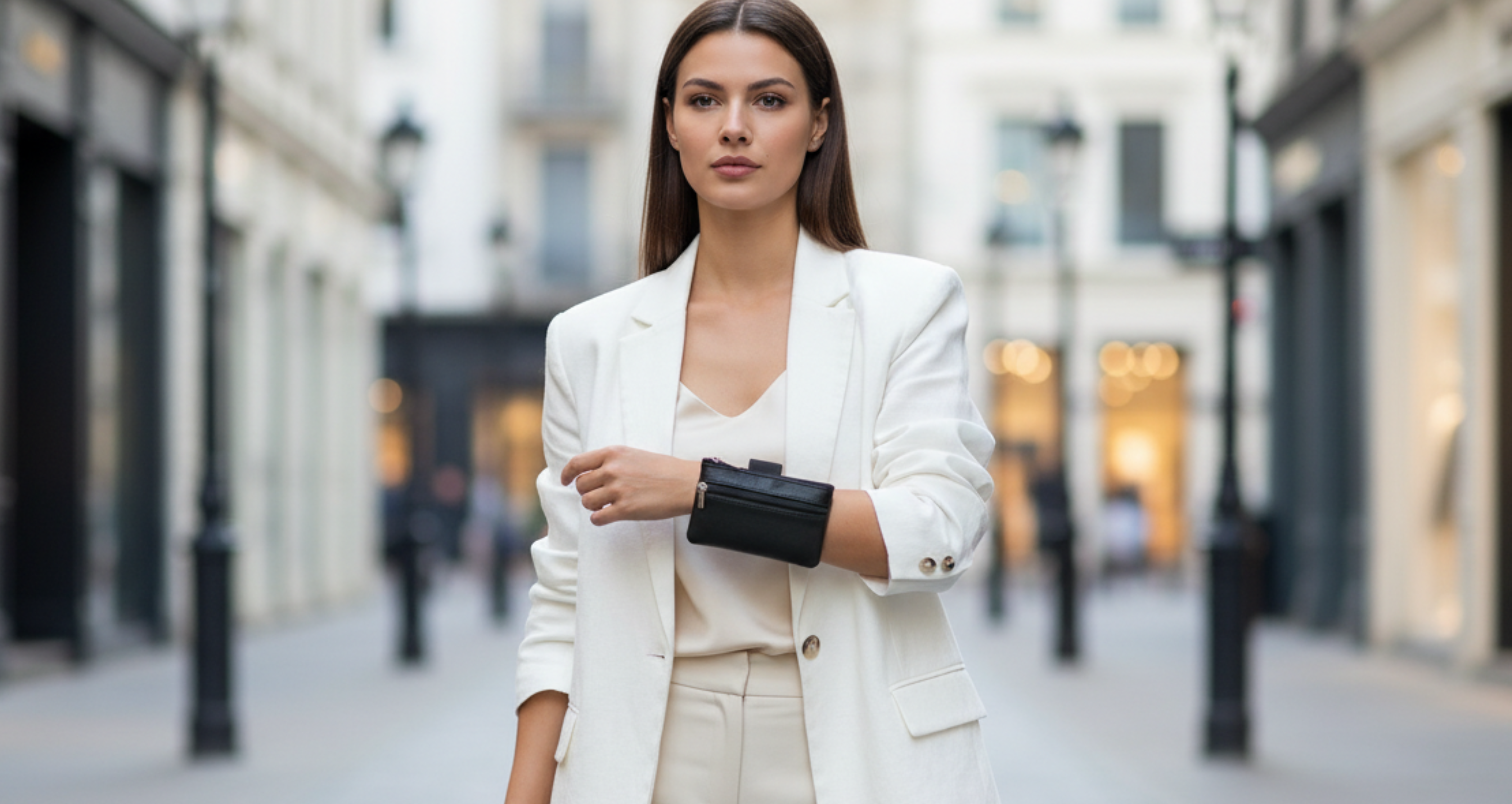 Hand free Genuine Leather Zipper Card Wallet Coin Purse Black strap side with an elegant femal model wearing white suit