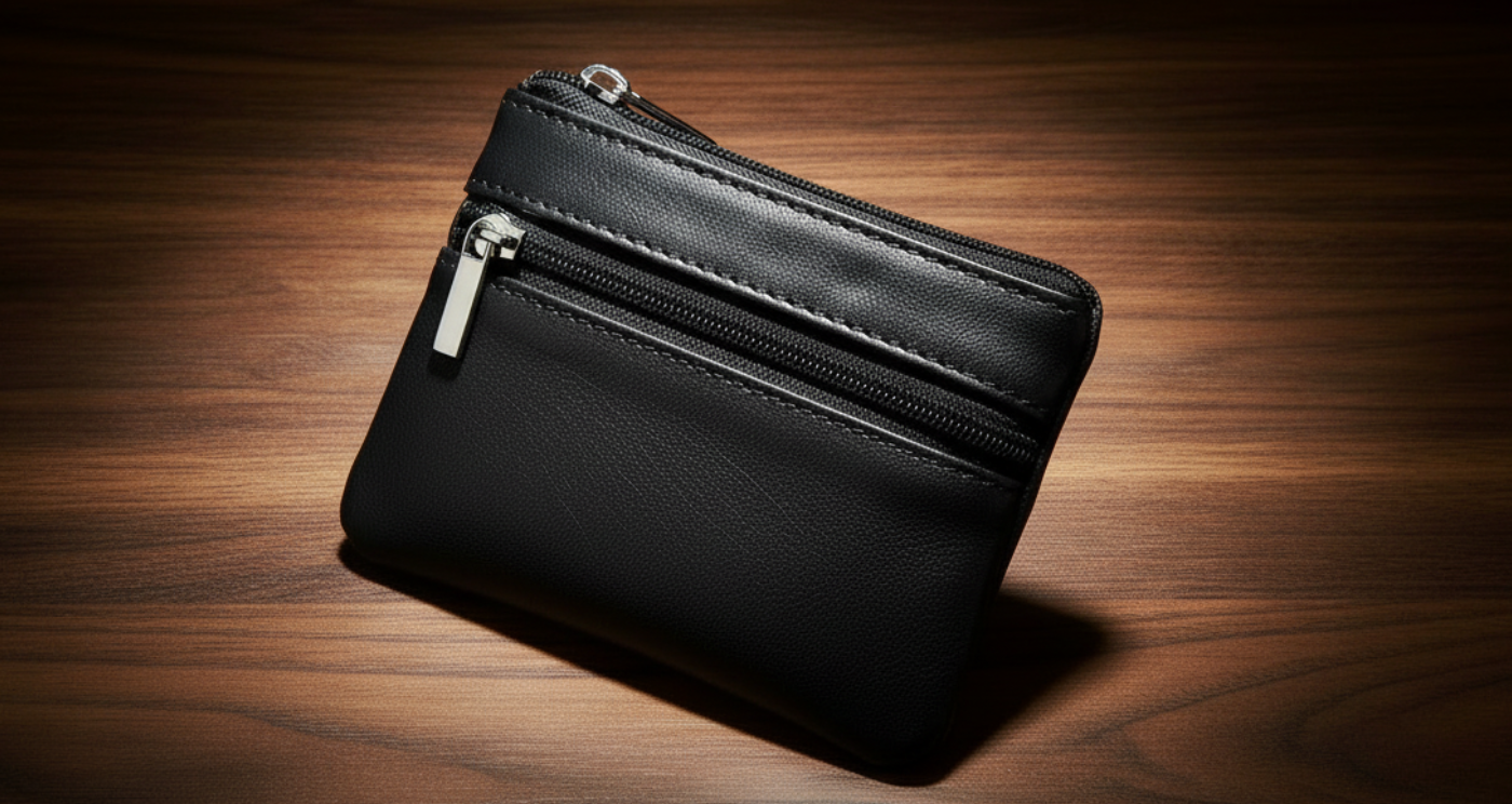 Hand Free Genuine Leather Zipper Card Wallet Coin Purse front side