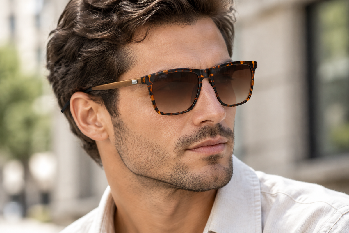 Man wearing tortoiseshell sunglasses with brown gradient lenses outdoors
