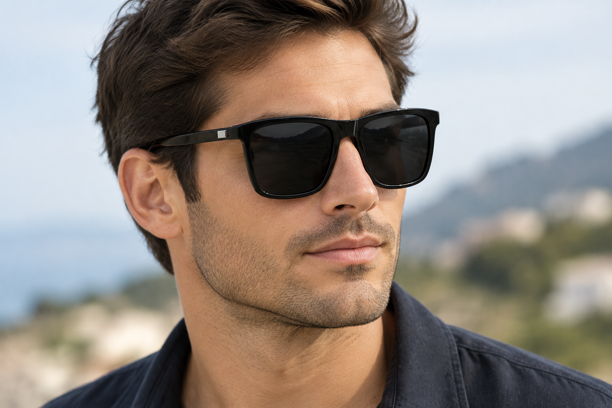 Man wearing Missandtrendy square black UV 400 polarised sunglasses outdoors