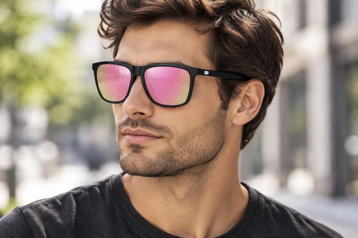 Man wearing black sunglasses with pink mirrored lenses outdoors