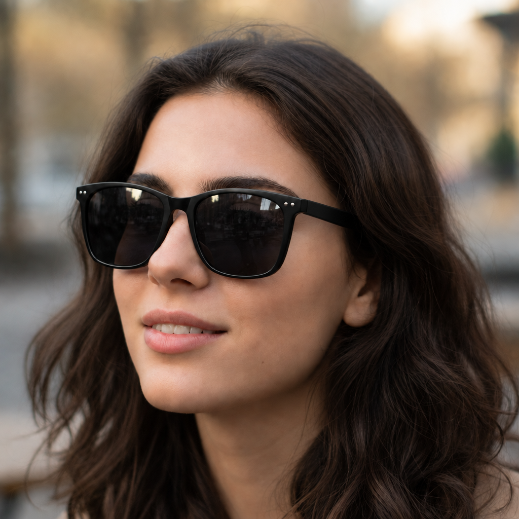 Woman wearing Bristol II UV 400 polarised sunglasses with black frames, lenses and branches.