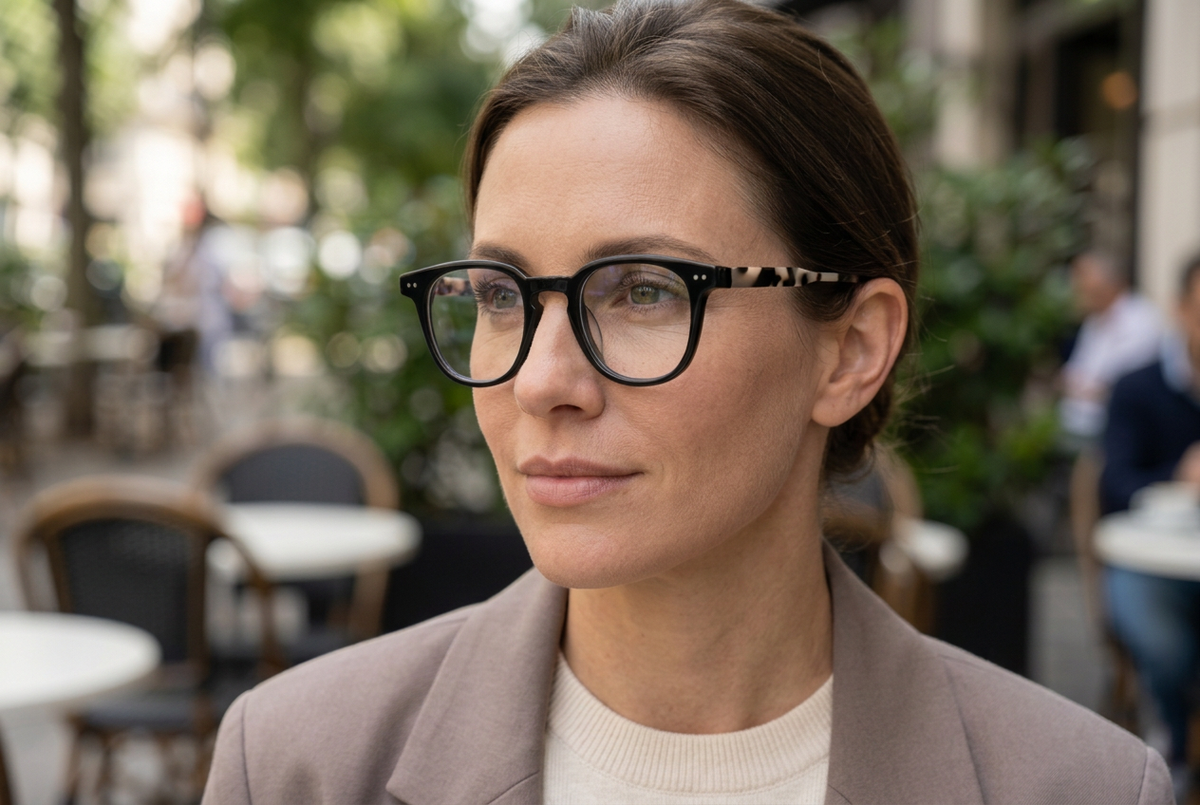 A woman with brown hair pulled back wears black rectangular eyeglasses with tortoiseshell-patterned temples, standing in an outdoor cafe setting with blurred tables and chairs in the background.