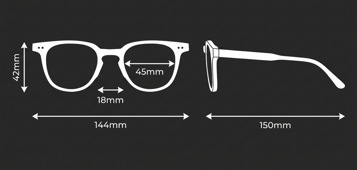 A size guide diagram for eyeglasses on a dark gray background, showing front and side views with measurements labeled 42mm height, 45mm lens diameter, 18mm bridge width, 144mm front width, and 150mm temple length.