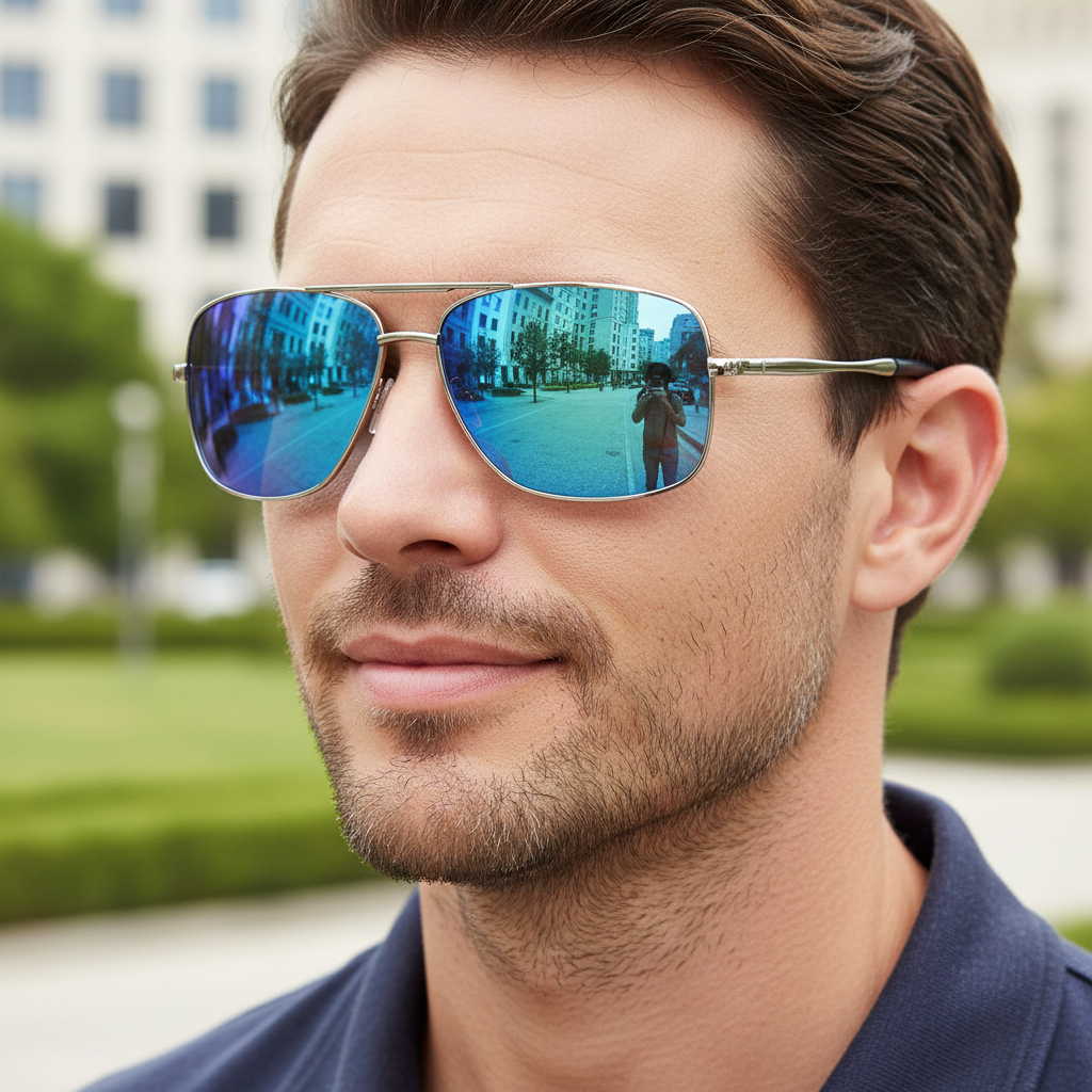 A close-up of a man wearing Liverpool UV 400 polarised aviator sunglasses with blue mirrored lenses and thin silver metal frames, set against a blurred outdoor background of greenery and buildings - Missandtrendy