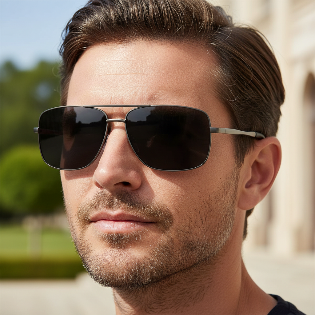 Liverpool - A close-up of a man wearing dark aviator-style sunglasses with a thin metallic frame and dark lenses, photographed outdoors with a blurred light-colored building and greenery in the background - Missandtrendy