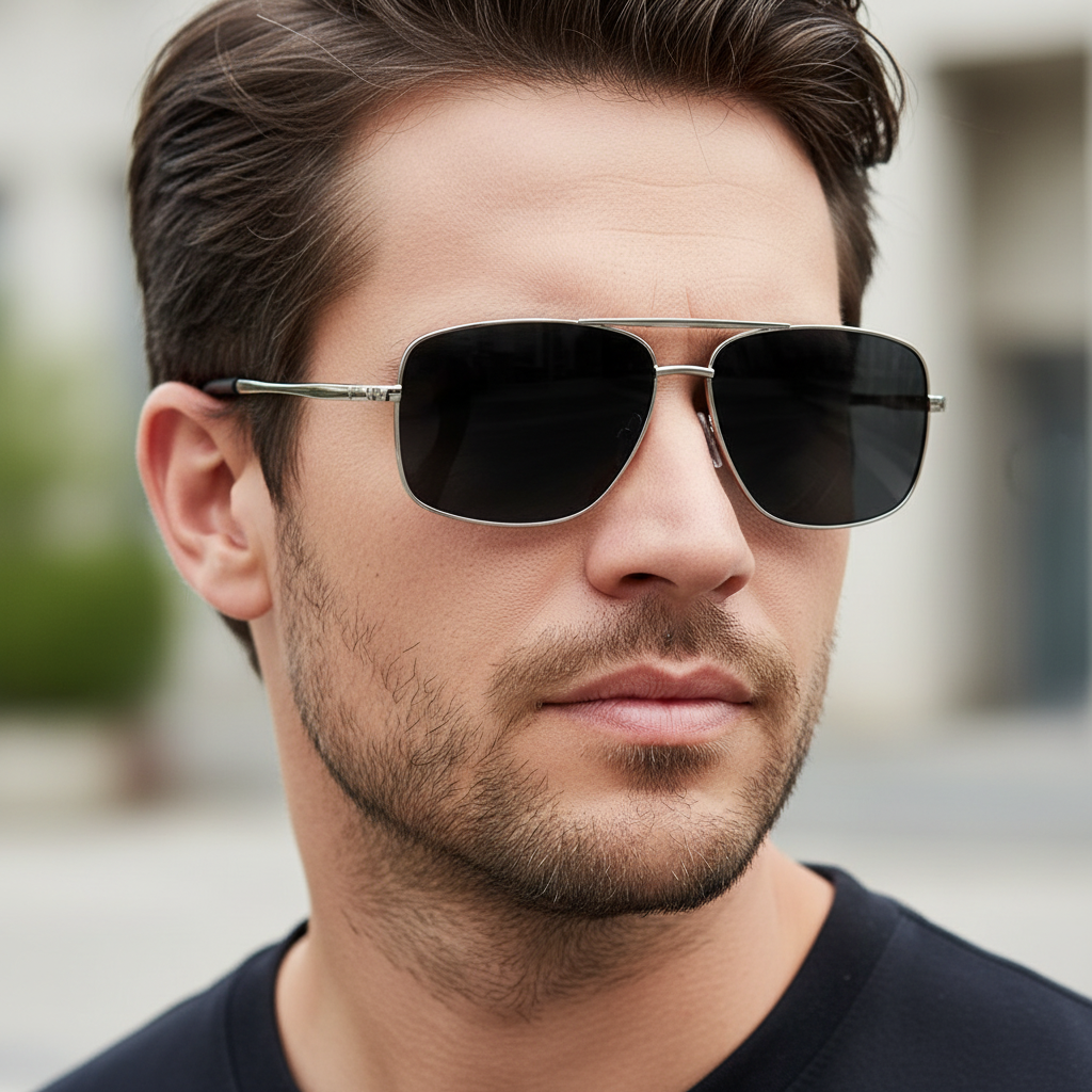 Liverpool - A close-up of a man wearing classic aviator sunglasses with thin silver metal frames and dark lenses, set against a softly blurred outdoor background - Missandtrendy