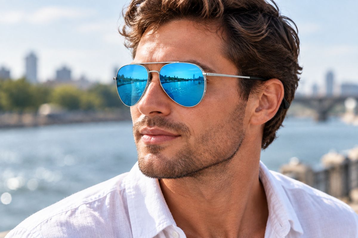 Male blue-mirror aviator portrait with refined teardrop shape