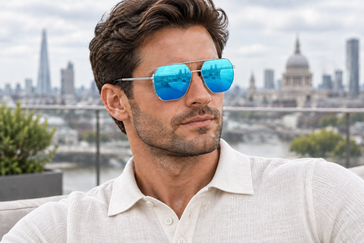 A man wearing blue mirrored aviator uv polarised sunglasses with thin silver metal frames, photographed outdoors with a blurred London cityscape in the background.