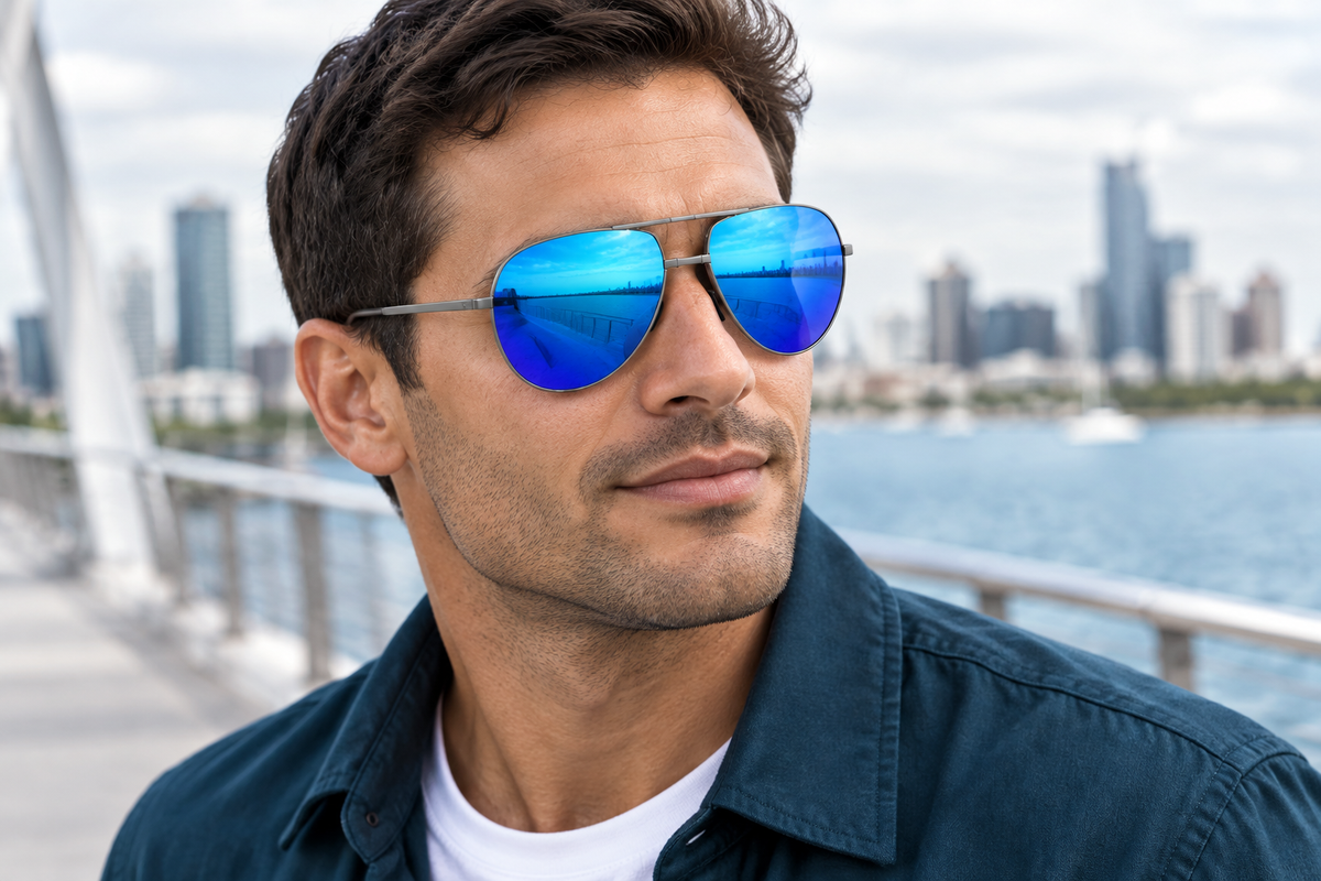 Male model wearing blue-mirrored gunmetal aviators in a city waterfront setting
