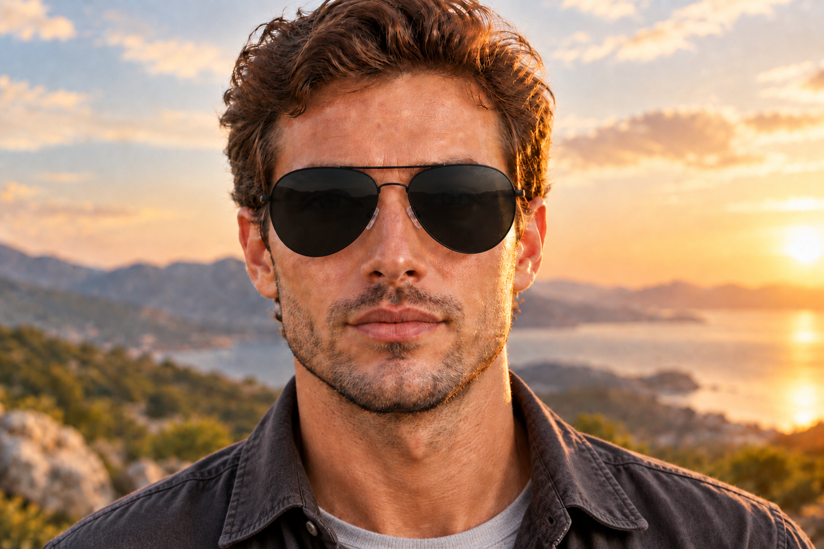 Man outdoors wearing Brighton Black aviator sunglasses with black metal frames and dark lenses