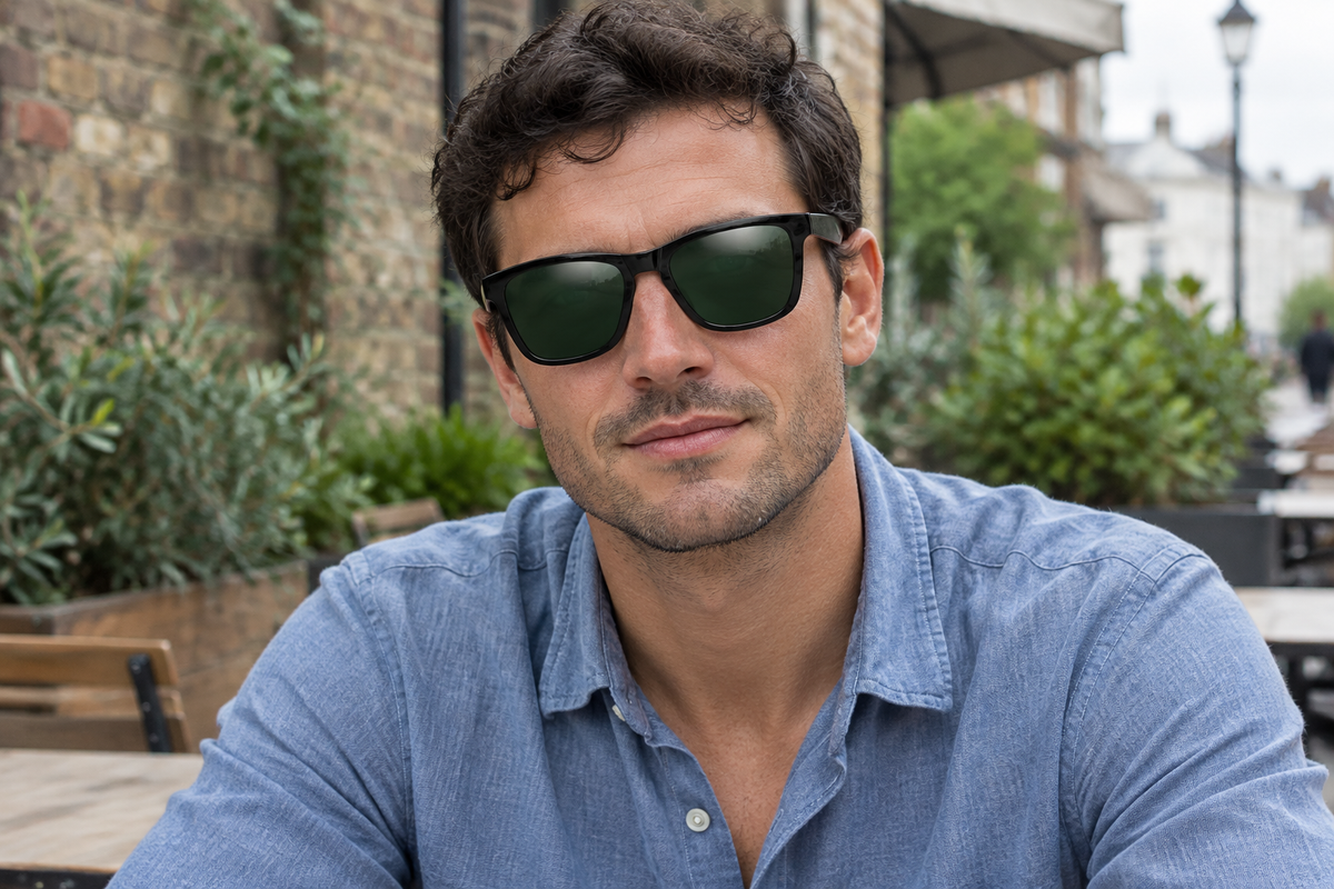 Man at an outdoor café wearing Camden wayfarer sunglasses with black frames and green lenses