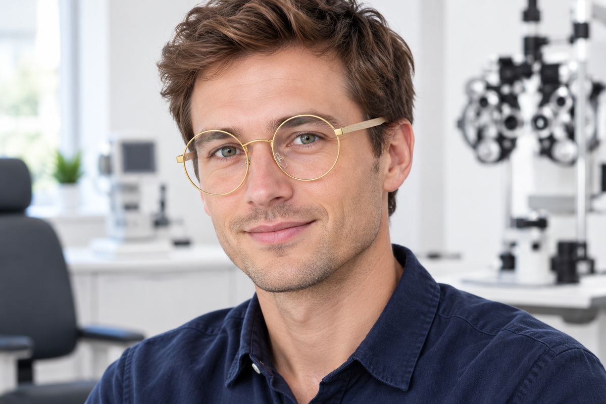 Male model wearing clear round gold-frame glasses in an optical clinic