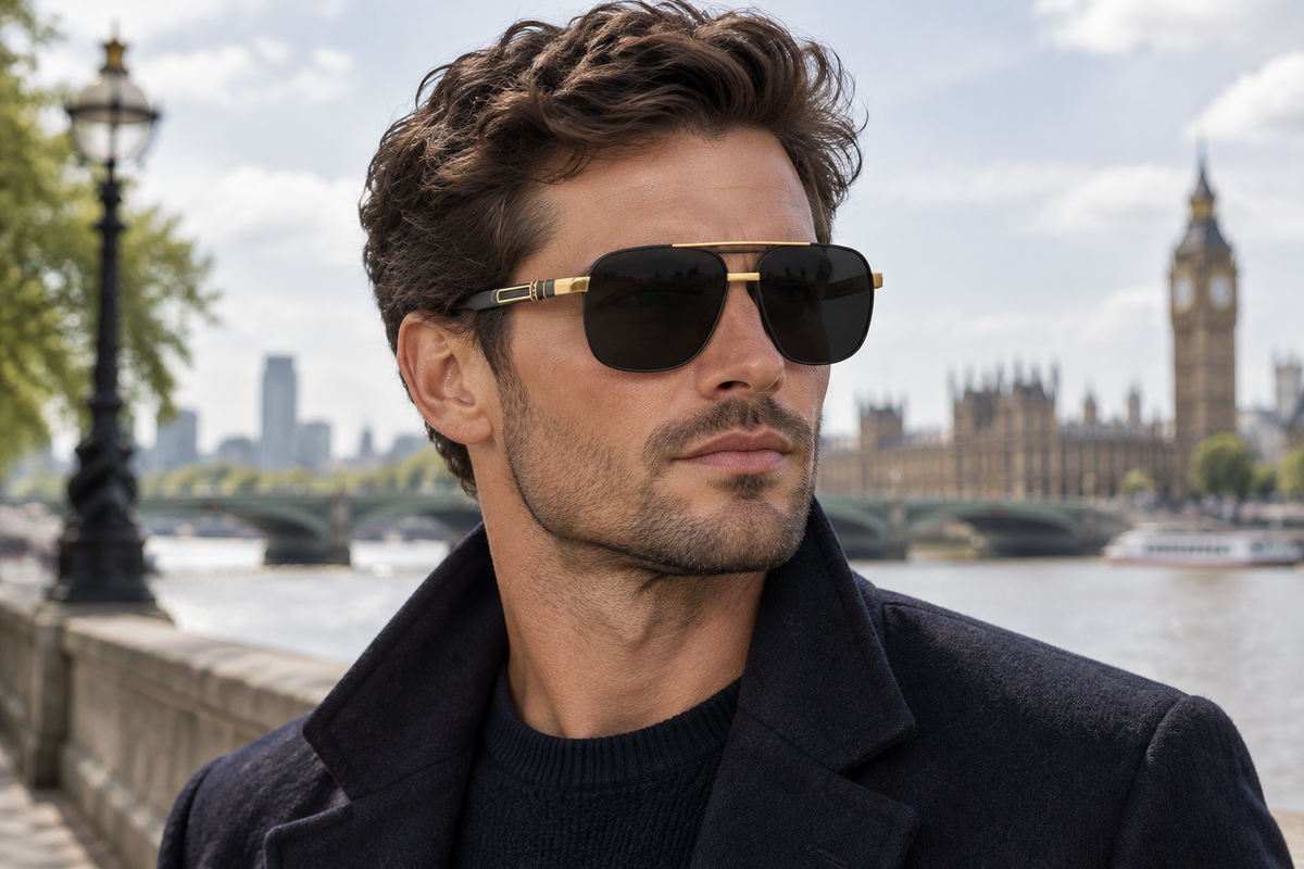Male model wearing Gallant black-and-gold uv polarised sunglasses outdoors