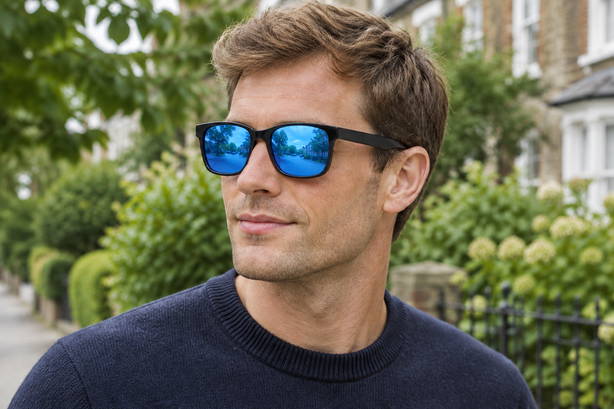 Male model wearing Missandtrendy Newcastle black UV polarised sunglasses with blue mirrored lenses outdoors
