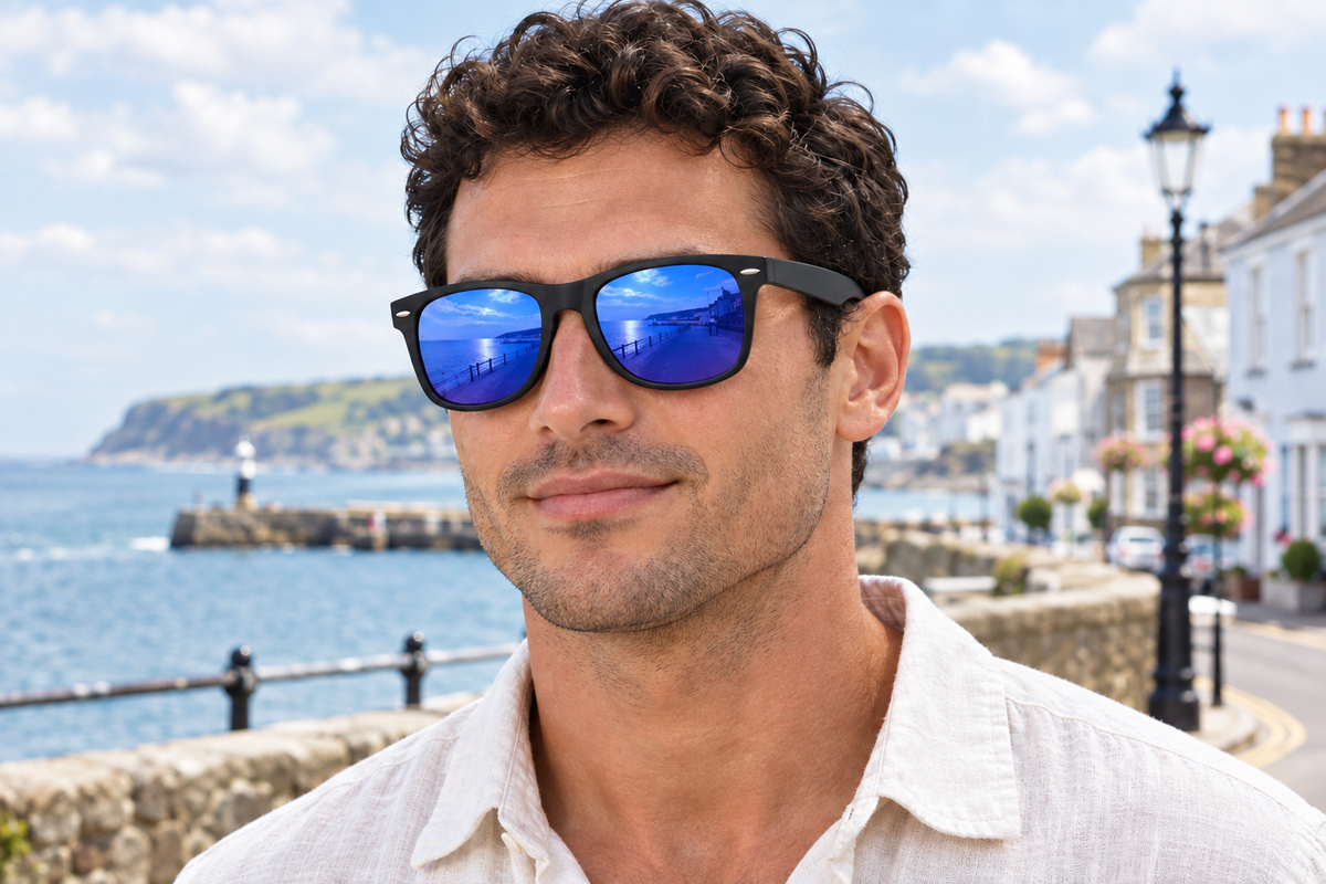 A man wearing black uv polarised sunglasses with vibrant blue mirrored lenses, photographed outdoors on a sunny seaside street with buildings and the ocean in the background.