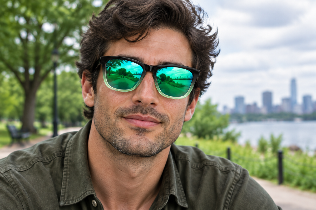 Man outdoors wearing Camden sunglasses with green mirrored lenses and black-to-clear frames
