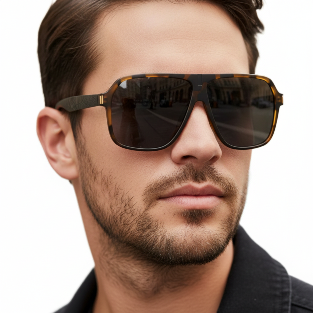 man wearing Missandtrendy rocky aviator sunglasses with army brown frame and black lens front side 01