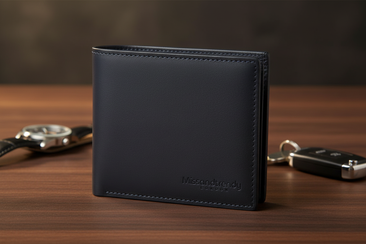 Genuine Leather Bifold Wallet for Men Perfect Gift Navy unfolded branded