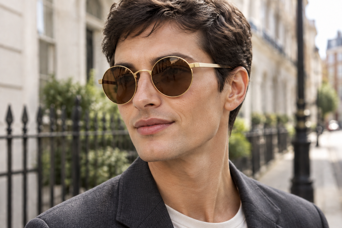 A man wearing gold-framed oval uv polarised sunglasses with brown lenses, photographed outdoors on a city street with blurred buildings and a fence in the background.