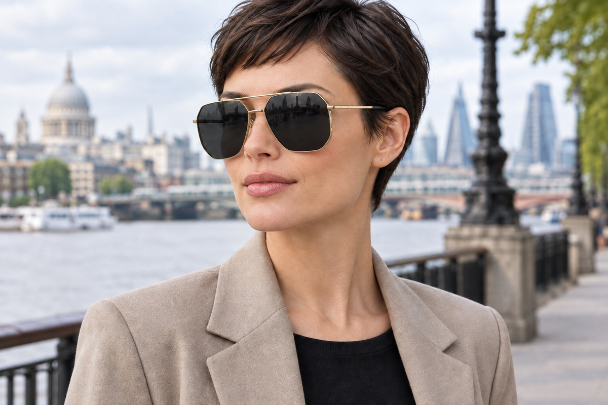 A woman with short dark hair wearing aviator uv polarised sunglasses with gold frames and dark lenses, standing outdoors by the river with a city skyline in the background.