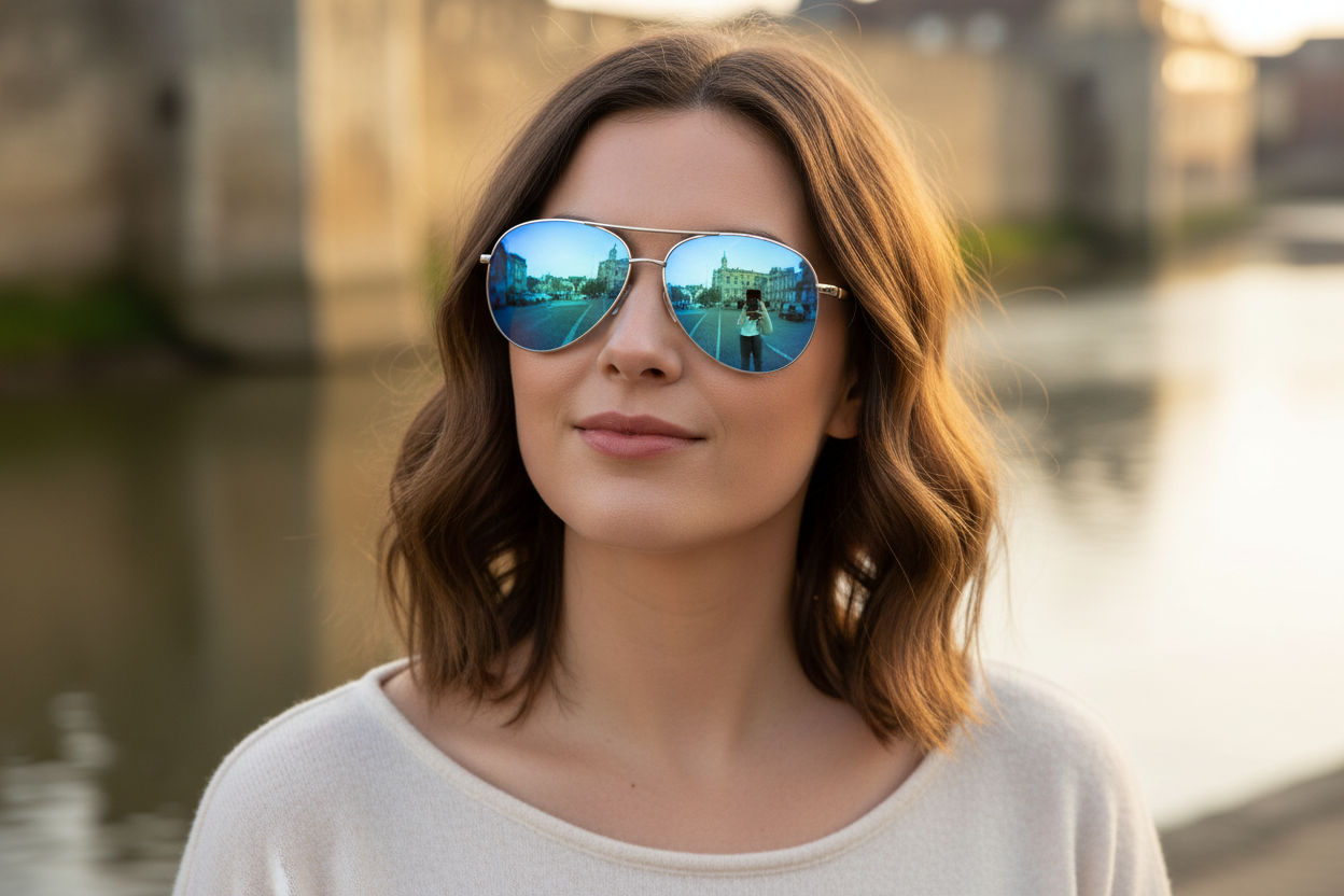 Brighton Lifestyle — Woman wearing Silver frame and mirror blue lens UV 400 polarised sunglasses from Missandtrendy