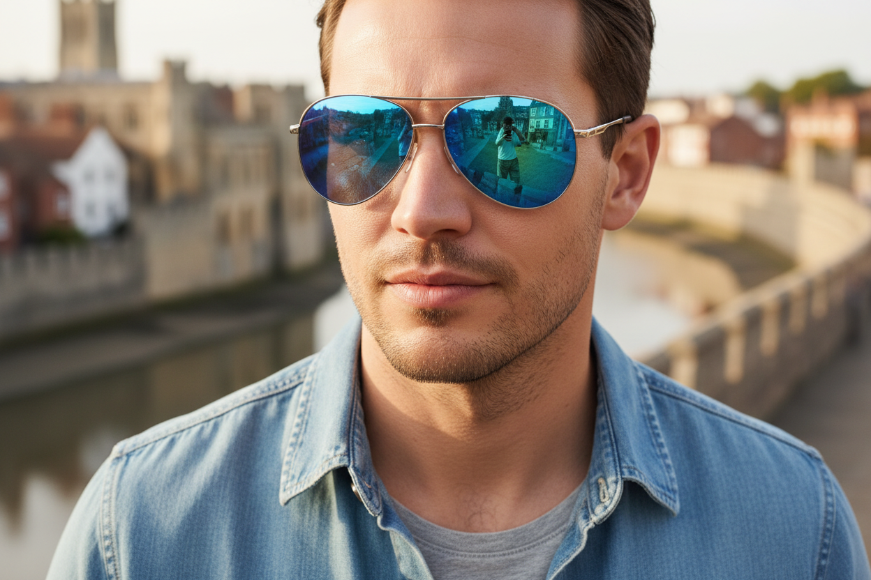 Brighton Lifestyle — Man wearing Silver frame and mirror blue lens UV 400 polarised sunglasses from Missandtrendy