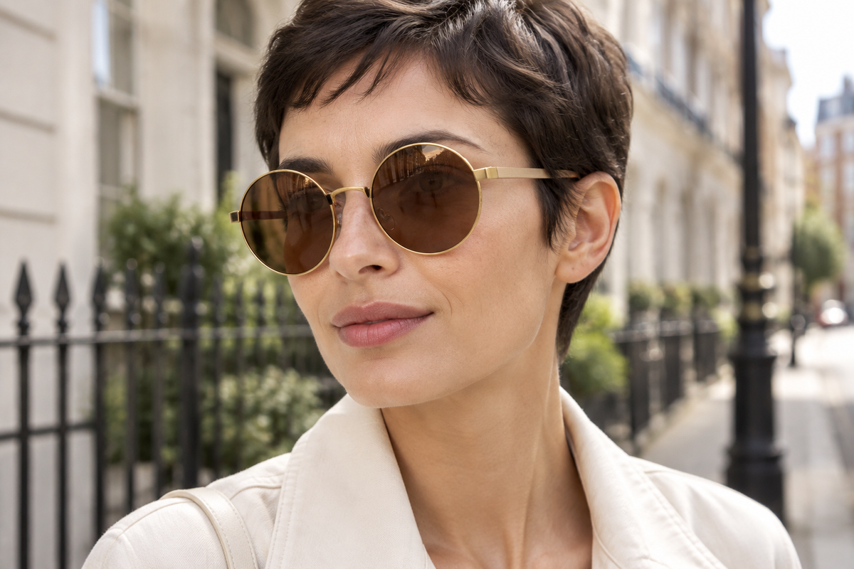 A woman with short dark hair wearing round gold-framed uv polarised sunglasses with brown lenses, standing outdoors on a city street with buildings and a fence in the background.