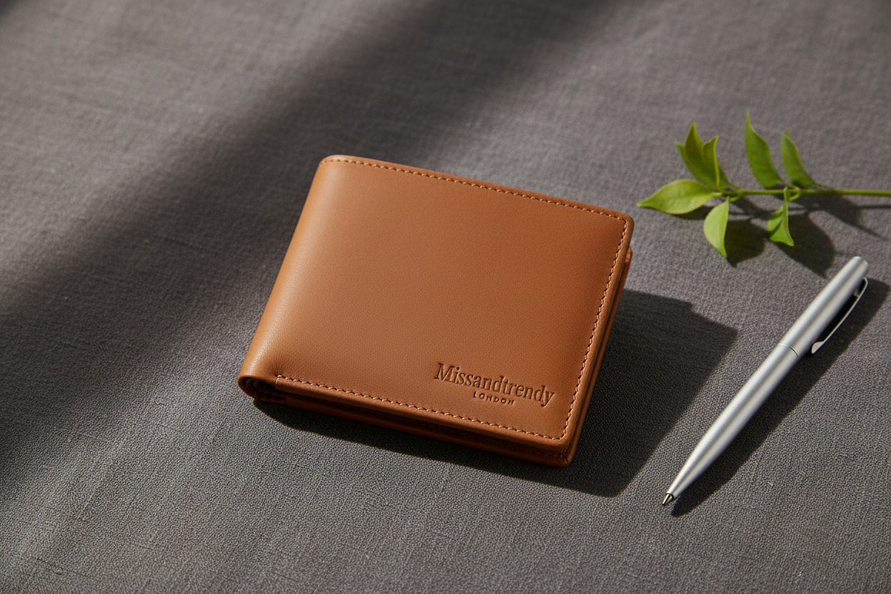 Genuine Leather Bifold Wallet for Men Perfect Gift brown folded on the table branded