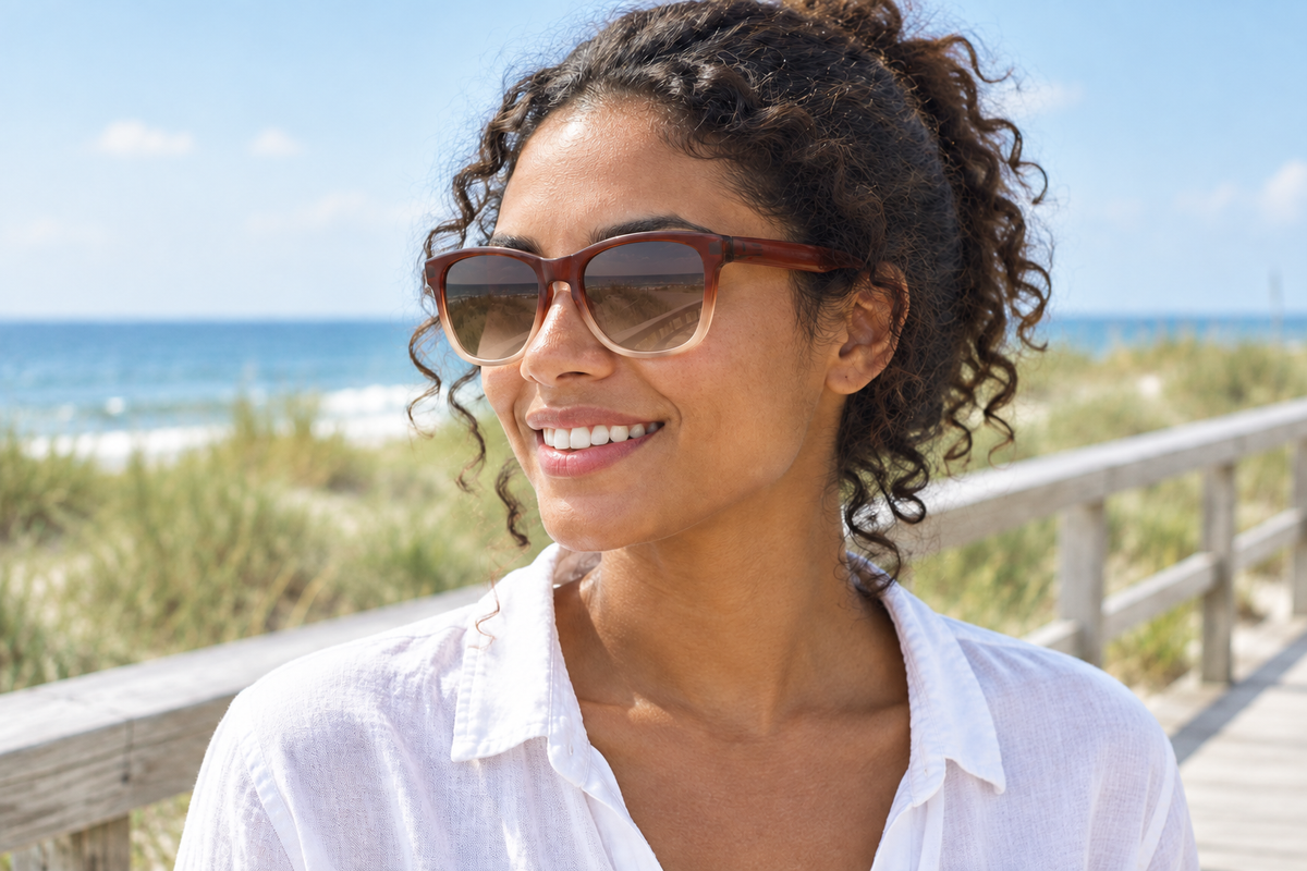 Woman on a seaside boardwalk wearing brown-frame sunglasses with gradient lenses